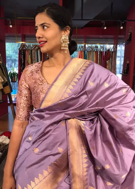 Lilac Handwoven Banarasi Katan Silk Saree with Kadwa Zari Motifs