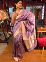 Lilac Handwoven Banarasi Katan Silk Saree with Kadwa Zari Motifs - Image 2