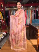 Nude Pink Tissue Silk Saree highlighted with Hand painted Florals and hand embroidery - Image 5