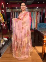 Nude Pink Tissue Silk Saree highlighted with Hand painted Florals and hand embroidery - Image 6