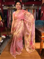 Nude Pink Tissue Silk Saree highlighted with Hand painted Florals and hand embroidery - Image 7
