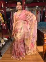 Nude Pink Tissue Silk Saree highlighted with Hand painted Florals and hand embroidery - Image 8