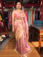 Nude Pink Tissue Silk Saree highlighted with Hand painted Florals and hand embroidery - Image 3