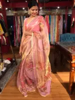 Nude Pink Tissue Silk Saree highlighted with Hand painted Florals and hand embroidery - Image 4