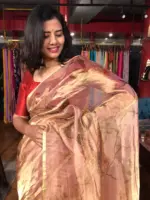 Nude Pink Printed Tissue Silk Saree - Image 6