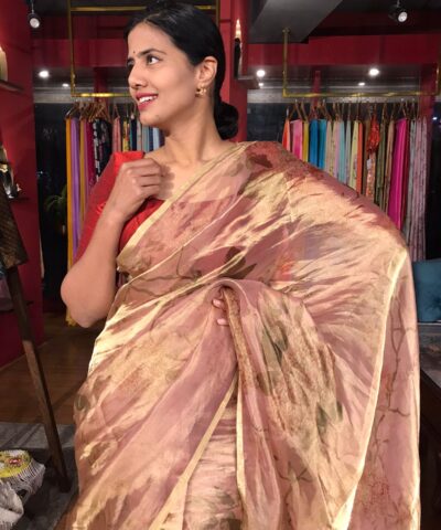 Nude Pink Printed Tissue Silk Saree