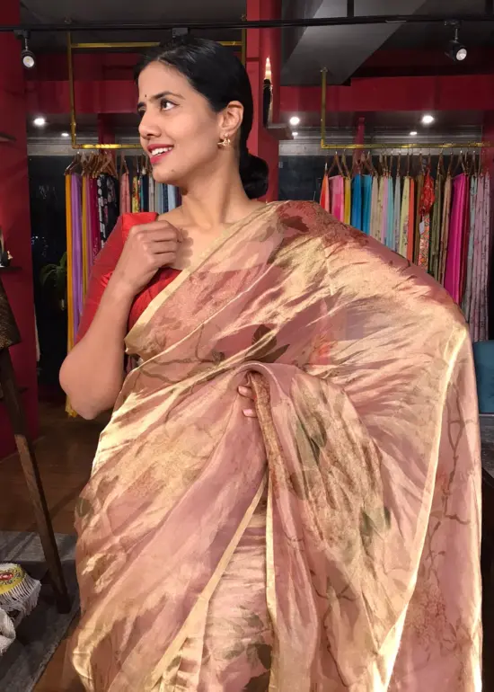 Nude Pink Printed Tissue Silk Saree