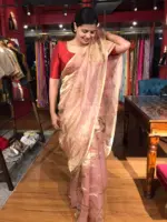 Nude Pink Printed Tissue Silk Saree - Image 4