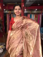 Nude Pink Printed Tissue Silk Saree - Image 7