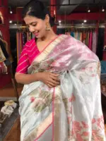 Baby Blue Tissue Silk Saree highlighted with Hand painted Florals and hand embroidery - Image 6