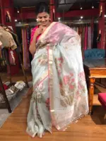 Baby Blue Tissue Silk Saree highlighted with Hand painted Florals and hand embroidery - Image 3