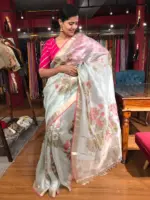 Baby Blue Tissue Silk Saree highlighted with Hand painted Florals and hand embroidery - Image 5