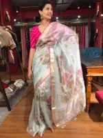 Baby Blue Tissue Silk Saree highlighted with Hand painted Florals and hand embroidery - Image 2
