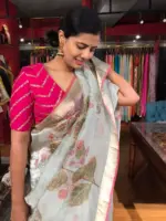 Baby Blue Tissue Silk Saree highlighted with Hand painted Florals and hand embroidery - Image 4