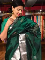 Bottle Green Mangalagiri Silk Saree Handwoven with Silver Zari Border