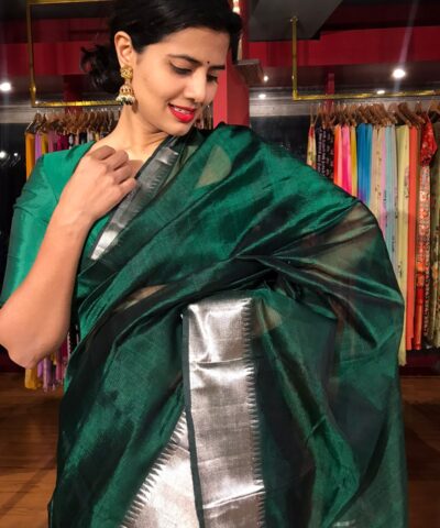 Bottle Green Mangalagiri Silk Saree Handwoven with Silver Zari Border