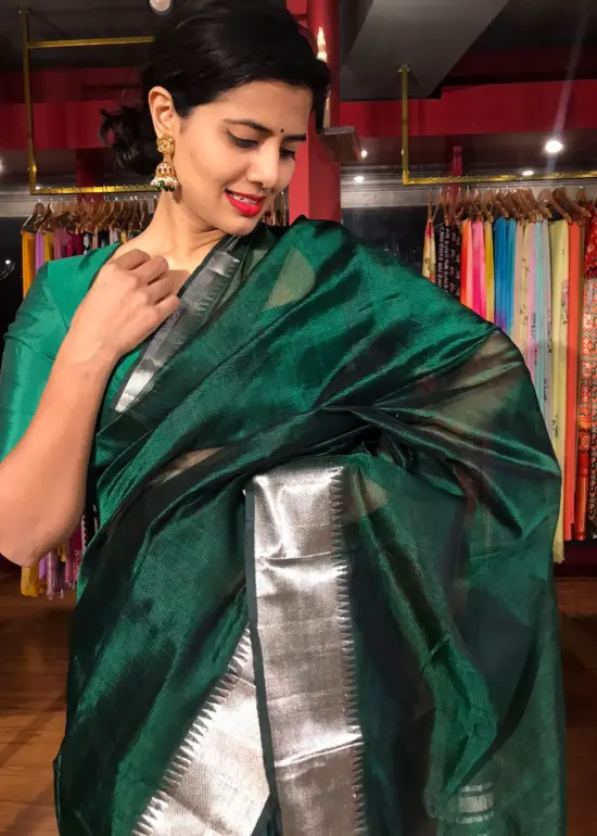 Bottle Green Mangalagiri Silk Saree Handwoven with Silver Zari Border