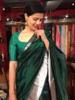 Bottle Green Mangalagiri Silk Saree Handwoven with Silver Zari Border - Image 5