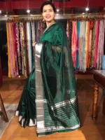 Bottle Green Mangalagiri Silk Saree Handwoven with Silver Zari Border - Image 2