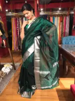 Bottle Green Mangalagiri Silk Saree Handwoven with Silver Zari Border - Image 3