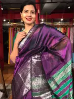 Purple Mangalagiri Silk Saree Handwoven with Silver Zari Border - Image 4