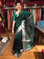 Bottle Green Mangalagiri Silk Saree Handwoven with Silver Zari Border - Image 4