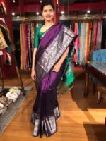 Purple Mangalagiri Silk Saree Handwoven with Silver Zari Border - Image 5