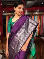 Purple Mangalagiri Silk Saree Handwoven with Silver Zari Border