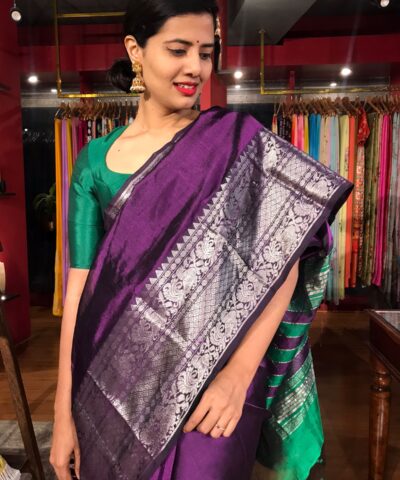 Purple Mangalagiri Silk Saree Handwoven with Silver Zari Border