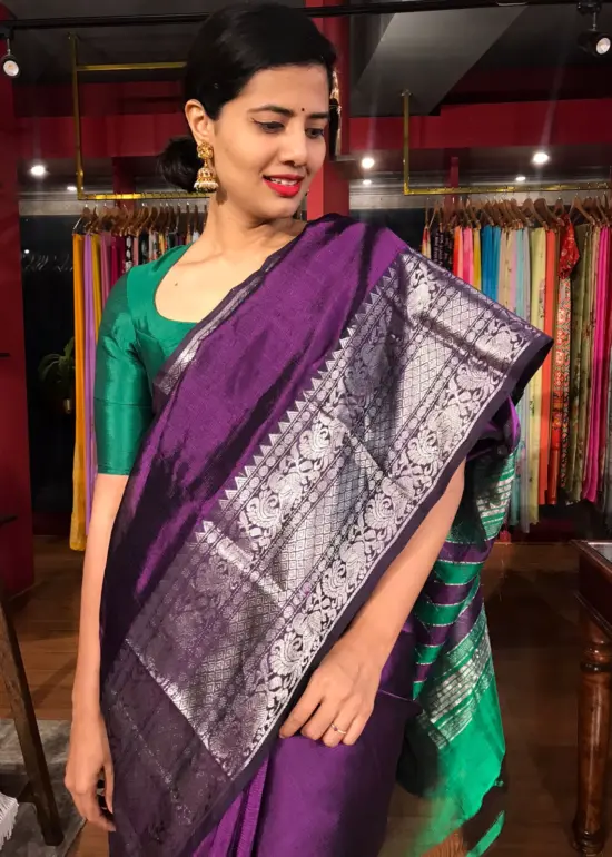 Purple Mangalagiri Silk Saree Handwoven with Silver Zari Border