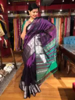 Purple Mangalagiri Silk Saree Handwoven with Silver Zari Border - Image 6