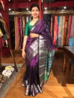 Purple Mangalagiri Silk Saree Handwoven with Silver Zari Border - Image 3