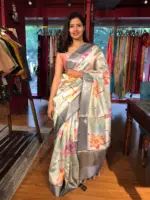 Pastel Blue Printed Banarasi Silk Saree - Image 2