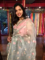 Baby Blue Embroidered Organza Saree with Scalloped Border - Image 4