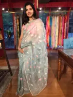 Baby Blue Embroidered Organza Saree with Scalloped Border - Image 2