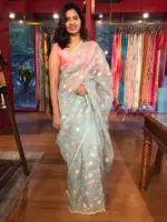 Baby Blue Embroidered Organza Saree with Scalloped Border - Image 3