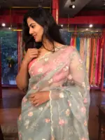 Baby Blue Embroidered Organza Saree with Scalloped Border - Image 5
