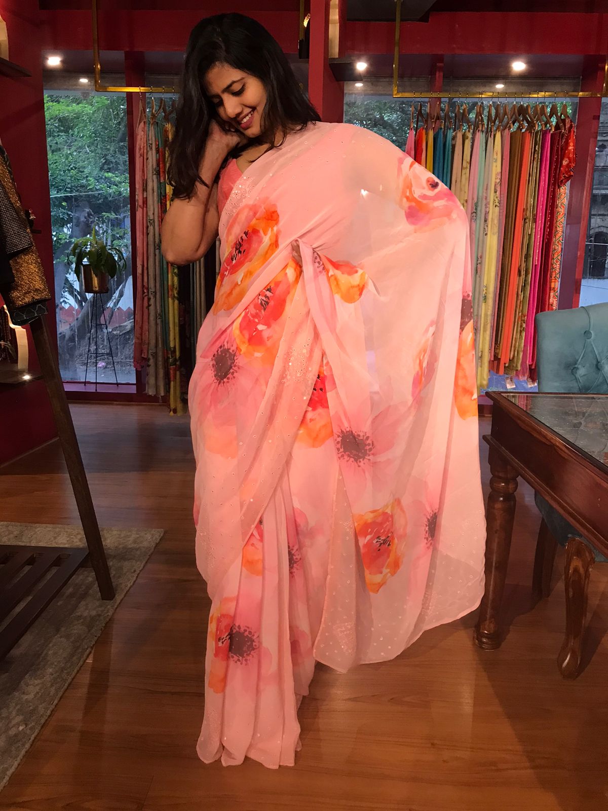 Premium Floral Print Saree Collection Peach