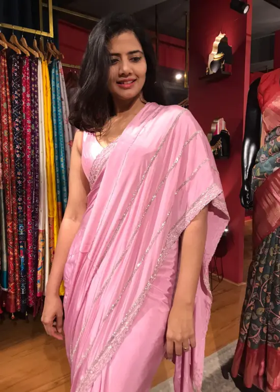Pink Crepe Silk Saree with Cutdana Embroidery