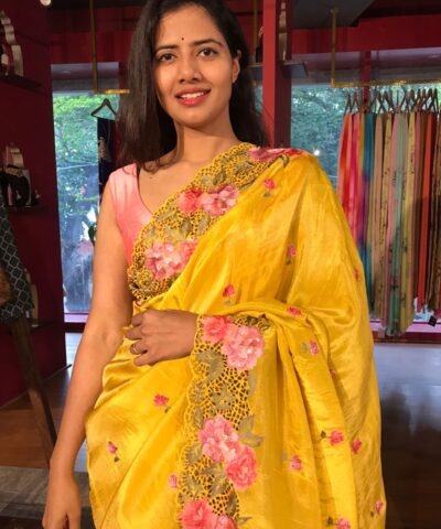 Mustard Tissue Silk Saree adorned with Cutwork Embroidery