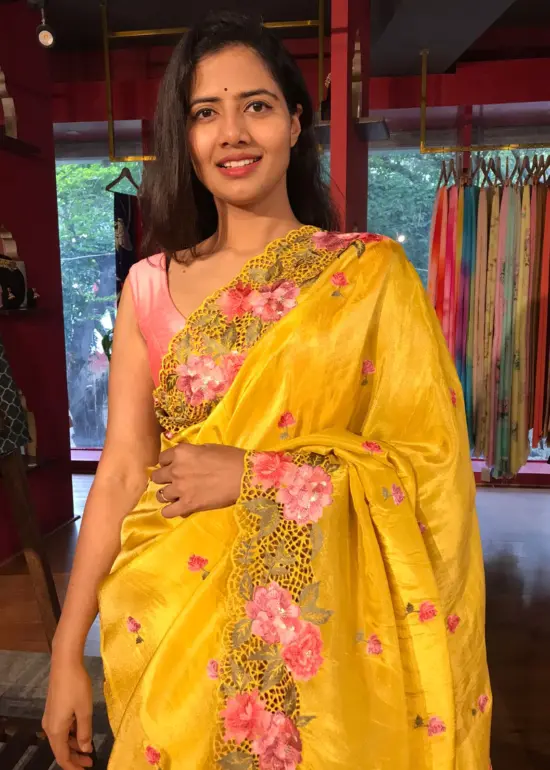 Mustard Tissue Silk Saree adorned with Cutwork Embroidery