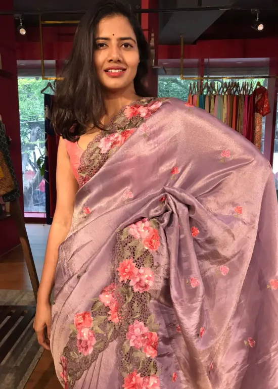 Lilac Tissue Silk Saree with Cutwork Embroidery