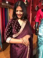 Burgundy Crepe Silk Saree highlighted with Hand Embroidery and Badla Work - Image 3
