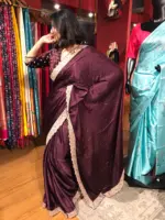 Burgundy Crepe Silk Saree highlighted with Hand Embroidery and Badla Work - Image 2