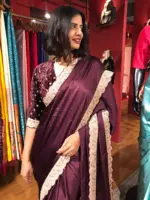 Burgundy Crepe Silk Saree highlighted with Hand Embroidery and Badla Work - Image 4