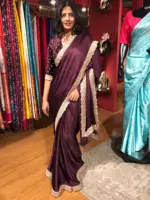 Burgundy Crepe Silk Saree highlighted with Hand Embroidery and Badla Work - Image 6