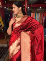 Deep Red Handwoven Banarasi Katan Silk Saree - Image 5