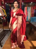 Deep Red Handwoven Banarasi Katan Silk Saree - Image 3