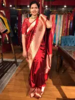 Deep Red Handwoven Banarasi Katan Silk Saree - Image 2