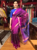 Magenta Mangalagiri Silk Saree in Gold Zari Chequered Pattern - Image 5